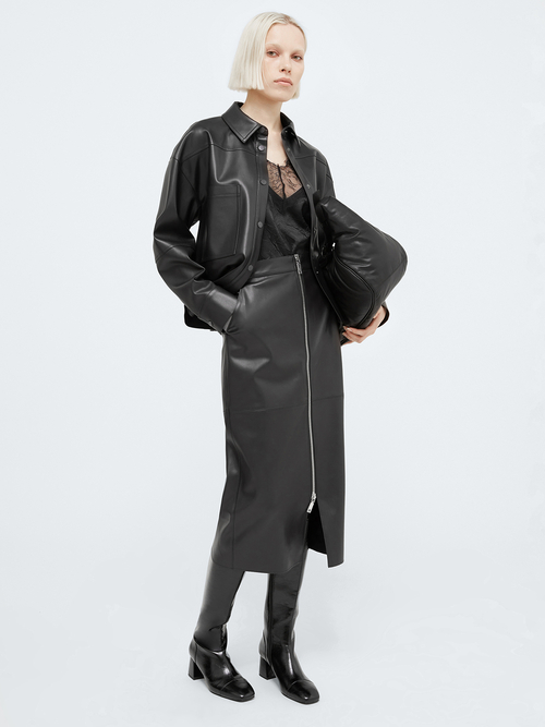  フェイクレザー ストレッチ ミディ スカート 詳細画像 ダークブラウン 5